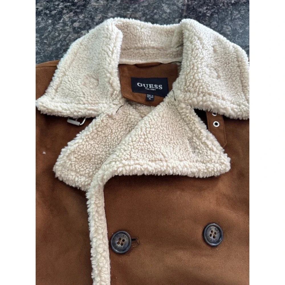 Guess Mens Faux Suede Sherpa Lined Double Breasted Coat Cognac XL 119RS218